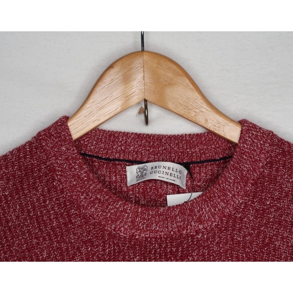 Brunello Cucinelli Ribbed Sweater Mens 50 Cotton Linen Crewneck Red Italy NWT - Picture 5 of 12